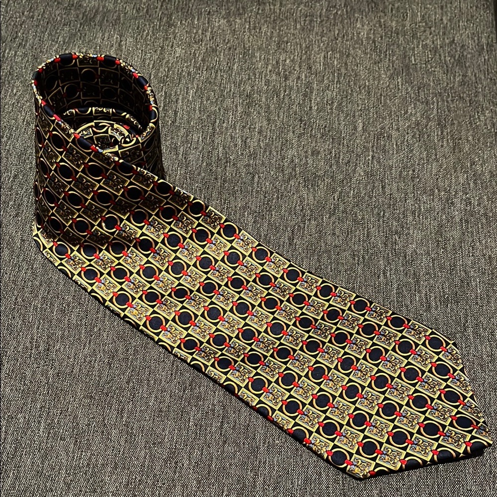 Christian Dior Monsieur Vintage Tie Navy Red‎ Gold Chain Pattern